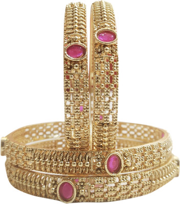 SKE Brass Ruby Gold-plated Bangle Set(Pack of 4)