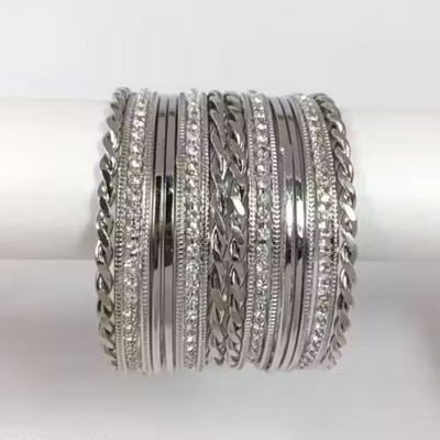 Honbon Metal Cubic Zirconia Silver Bangle Set(Pack of 20)