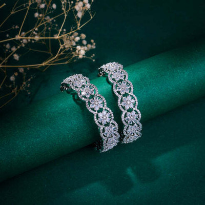 Opal Touch Brass Cubic Zirconia Rhodium Bangle Set(Pack of 2)