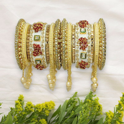 radhya Plastic Pearl, Opal, Diamond, Zircon Gold-plated Bangle Set(Pack of 14)