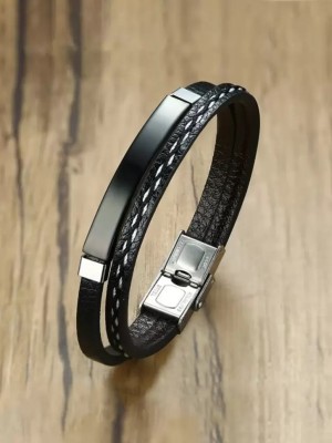 PROVOGUE Metal, Alloy, Stainless Steel, Leather Black Silver Bracelet