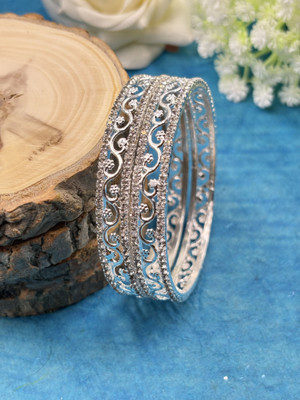 kewai Brass Diamond Silver Bangle Set(Pack of 2)