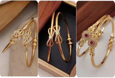 S K D J Brass Cubic Zirconia, Diamond Gold-plated Bangle Set(Pack of 6)