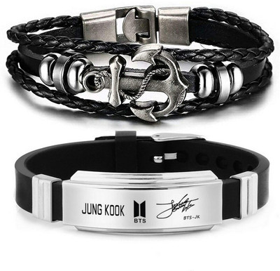 University Trendz Alloy, Leather, Stainless Steel Silver Coated Bracelet Set(Pack of 2)