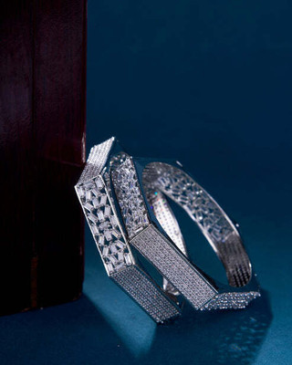 Opal Touch Brass Cubic Zirconia Rhodium Bangle Set(Pack of 2)