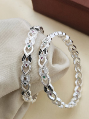 AK Brass Cubic Zirconia, Diamond Silver Bangle Set(Pack of 2)