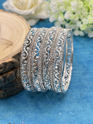kewai Brass Diamond Silver Bangle Set(Pack of 4)