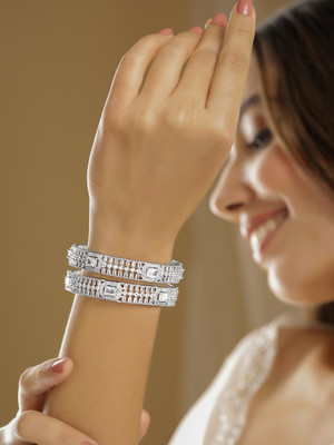 RUBANS Brass Cubic Zirconia Rhodium Bangle Set(Pack of 2)