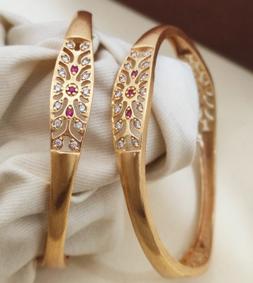DH Brass Cubic Zirconia, Diamond Gold-plated Bangle Set(Pack of 2)