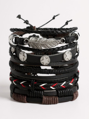 RAPPERSSHOP Brass, Leather, Stainless Steel Rhodium Bracelet Set(Pack of 6)