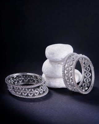 Opal Touch Brass Cubic Zirconia Rhodium Bangle Set(Pack of 6)