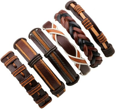 University Trendz Leather Silver Coated Bracelet Set(Pack of 6)