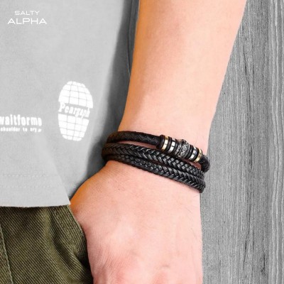 Salty Alpha Stainless Steel, Leather Bracelet