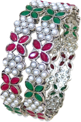 KAMAAKSHI FASHION COLLECTIONS Oxidised Silver Emerald, Ruby Sterling Silver Bangle Set(Pack of 2)