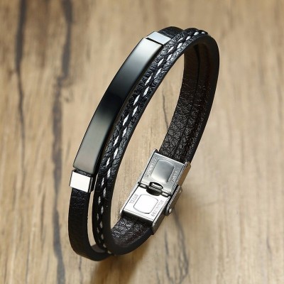 ZIVOM Leather Black Silver Bracelet