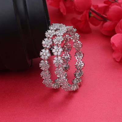 Opal Touch Brass Cubic Zirconia Rhodium Bangle Set(Pack of 2)