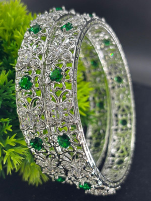 MTC Brass Cubic Zirconia Silver Coated Bangle Set(Pack of 2)