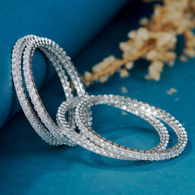 Opal Touch Brass Cubic Zirconia Rhodium Bangle Set(Pack of 4)