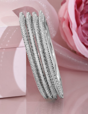 RUBANS Brass Cubic Zirconia Rhodium Bangle Set(Pack of 4)