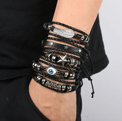 University Trendz Leather Silver Coated Bracelet Set(Pack of 6)