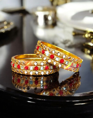 Atrika Brass, Stone, Crystal, Glass Zircon Gold-plated Bangle Set(Pack of 6)