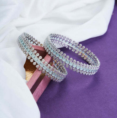 Opal Touch Brass Cubic Zirconia Rhodium Bangle Set(Pack of 2)