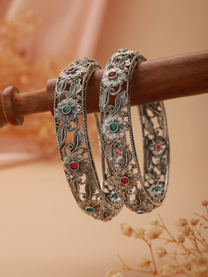 AATMANA Oxidised Silver Cubic Zirconia Silver Bangle Set(Pack of 2)