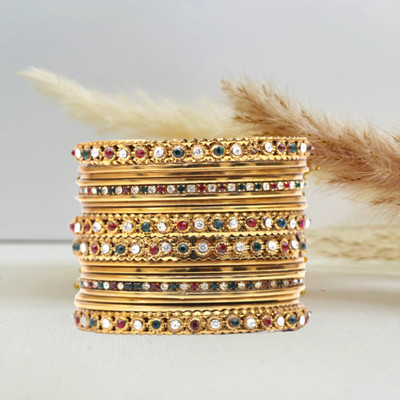 navjai Metal, Alloy Cubic Zirconia, Crystal, Rhinestone, Zircon Gold-plated Bangle Set(Pack of 18)