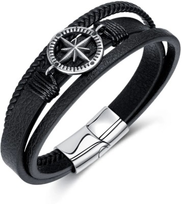 STYLEKRAFT Silver, Leather, Stainless Steel Black Silver, Sterling Silver, Platinum Bracelet