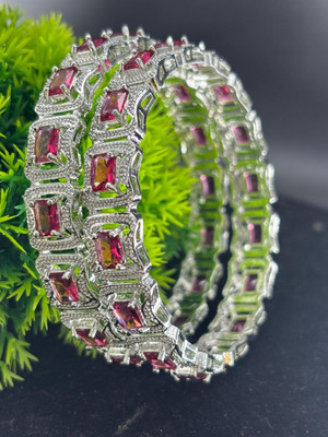 MTC Brass Cubic Zirconia Silver Coated Bangle Set(Pack of 2)
