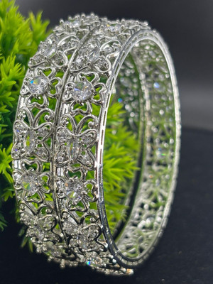 MTC Brass Cubic Zirconia Silver Coated Bangle Set(Pack of 2)