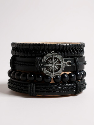 RAPPERSSHOP Leather, Stainless Steel Sterling Silver Bracelet Set(Pack of 4)