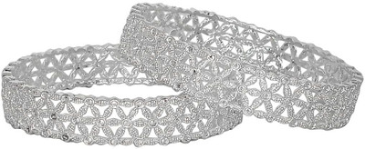 T4 JEWELS Brass Rhinestone Silver Bangle Set(Pack of 2)