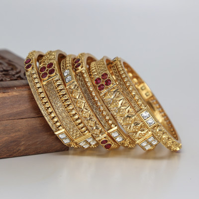 Imitagems Brass, Alloy Cubic Zirconia, Ruby Gold-plated Bangle Set(Pack of 6)