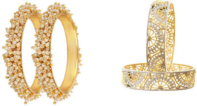 Terraband Alloy Pearl, Cubic Zirconia Gold-plated Bangle Set(Pack of 4)