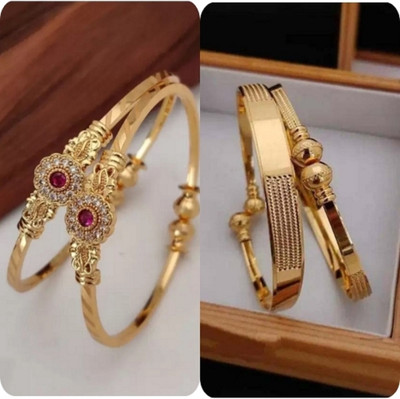 S K D J Brass Cubic Zirconia, Diamond Gold-plated Bangle Set(Pack of 4)