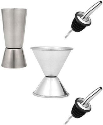Dynore Set of 2 Double Sided Peg measure with Set of 2 Stainless steel wine pourer. 4 - Piece Bar Set(Stainless Steel)