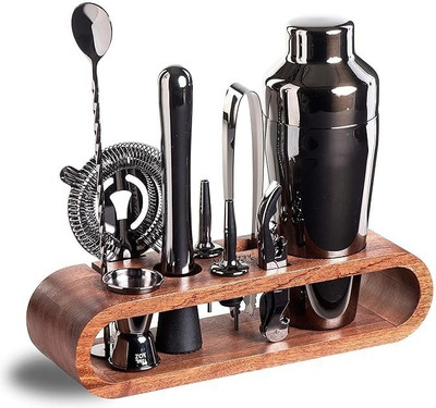 Lifelong Bartender Kit 10-Piece Bar Tool Set with Mahogany Stand Bar Set(Stainless Steel)