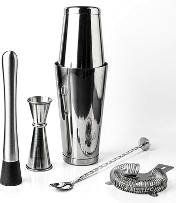 finality Bar Set with Boston Shaker, Peg Measure, Muddler, Bar Strainer & Spoon 6 - Piece Bar Set(Stainless Steel)