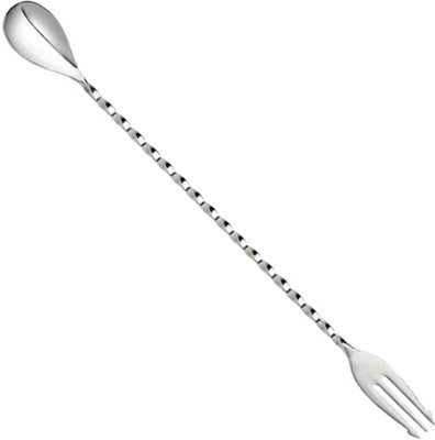 BARDECOR Bar Spoon with Fork | Teardrop Twisted Handle Design | Mixing Bar Spoon 1 - Piece Bar Set(Stainless Steel)