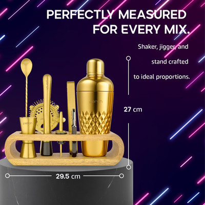 PERCH O Holic Bartender Kit with Wooden Stand Golden 10 - Piece Bar Set(Stainless Steel)