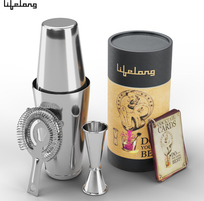 Lifelong Cocktail Shaker Set of 5 | Bar Shaker with Strainer and Japanese Jigger Bar Set(Stainless Steel)