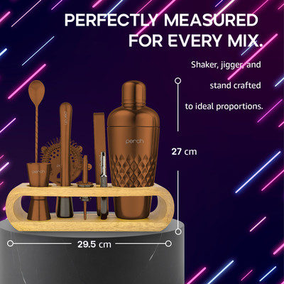 PERCH O Holic Bartender Kit with Wooden Stand Rose Gold 10 - Piece Bar Set(Stainless Steel)