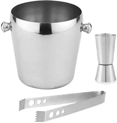 finality Stainless Steel Single Wall Ice Bucket with Ice Tong and v Peg Measure [1200 ml] 3 - Piece Bar Set(Stainless Steel)