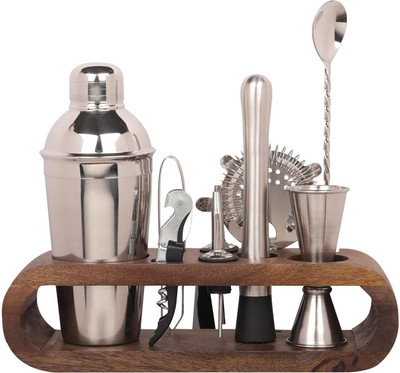 SURFNPICK Bar Tool Set with Stylish Wooden Stand | Perfect Home Bartending Kit (Silver) 1 - Piece Bar Set(Stainless Steel)