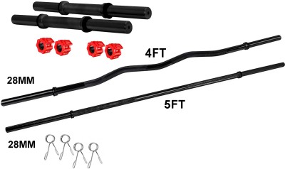 Dinetic 4FT Curl & 5FT Straight Black Powder Coated Bar With 2 Dumbbell Rod & Locks Weight Lifting Bar