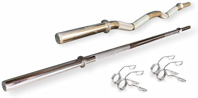 HFENTERPRISES Solid Chrome 5FT STRAIGHT & 3FT CURL BAR 28mm Gym Weight Bar 4 Locks Pull-up Bar(Silver, Black)