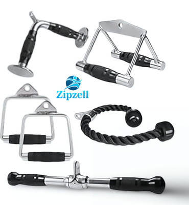 Zip Zell Sports Gym Combo- D Handle, Tricep Rope, Seated Rowing, V Handle & Tricep Handle Multi-training Bar(Silver)