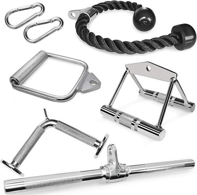 Dinetic Gym Combo |D Handle, Tricep Rope, Seated Rowing, V Tricep and Tricep Handle Multi-training Bar(Silver)