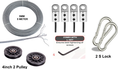 HACKERX GYM MACHINE WIRE (5MM ) 5 MTR LONG WITH 4PCS WIRE LOCK 2PCS PULLEY 2 PCS SLOCK Weight Lifting Bar